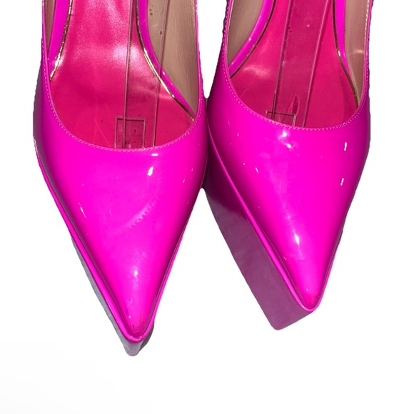 VALENTINO GARAVANI Tan-Go 155 Hot Pink Patent Platform Pumps 39 Logo New FLAW - Picture 5 of 14